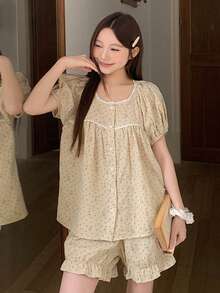 DAZY Summer Sweet Polka Dot Rabbit Print Contrast Trim Women Pajama Set - White - View 7