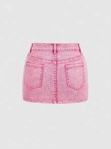 Sweetra 休闲水洗修身牛仔迷你裙，夏季 - 粉色 - 查看 2