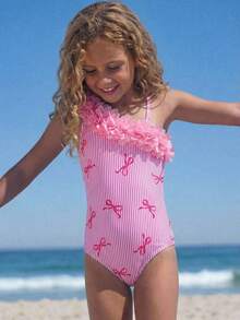 SHEIN Emery Rose Kids 小女孩可爱数码印花粉色蝴蝶结连体泳衣，适合海滩和泳池度假 - 淺粉色 - 查看 2
