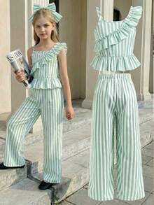 SHEIN Tween Girls Striped Sleeveless Top And Pants Set - Green - View 11