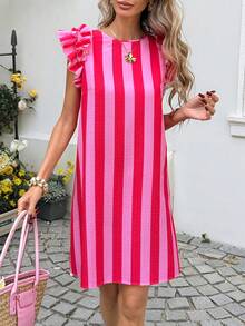 SHEIN LUNE 女士休闲彩色条纹短袖迷你连衣裙 - 彩色 - 查看 6