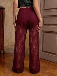 SHEIN Tall CURVE 女士大码蕾丝高腰喇叭裤，度假款 - 紅木色 - 查看 2