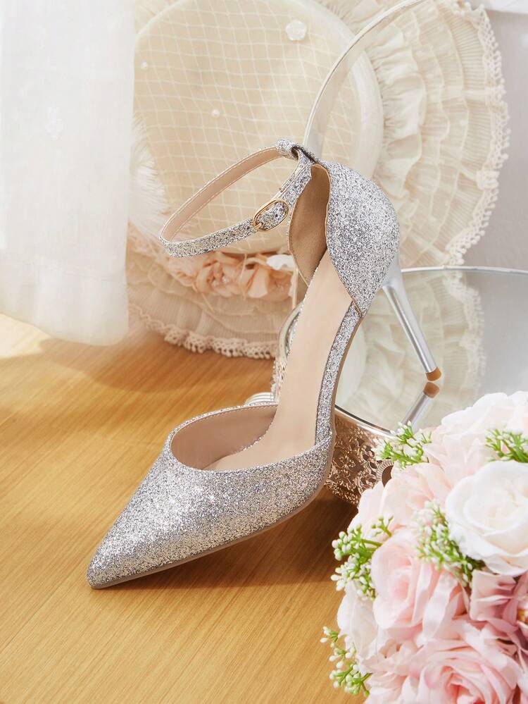 CUCCOO HITCHD Women's New Shiny Silver Pointed Toe High Heels, Strap Thin Heel Hollow Out Sandals, Elegant & Versatile For Party, Christmas, New Year's Eve Valentine's Day Elegant Shoes