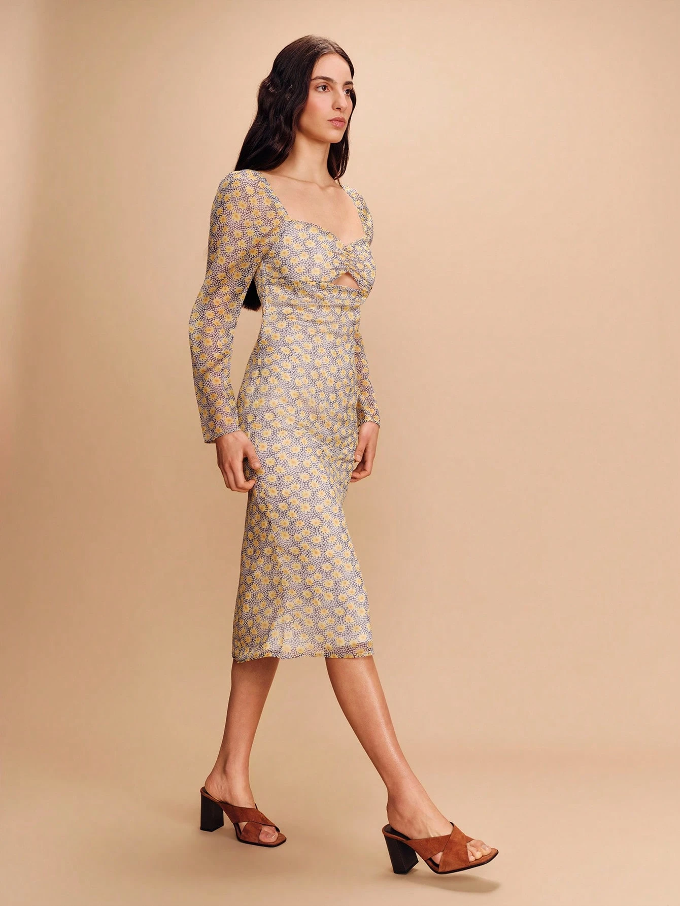 Daisy Print Chiffon Long Sleeve Midi Dress With Cut Out Detail Spring Summer Boho Flower Dress Date Night Dress Vacation Dress French Style Parisian Style