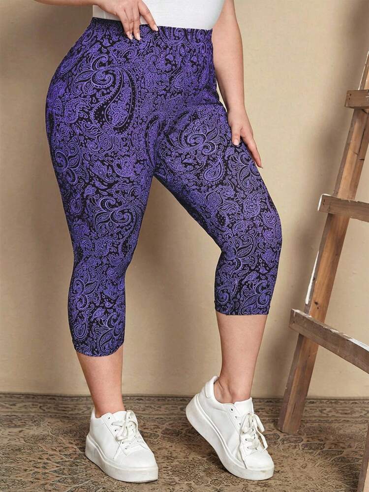 Plus Size Women Casual Paisley Print Cropped Leggings Beach Pants Summer Outfits Summer Clothes Spring Dress Spring Outfit Women Spring Clothing Beach Vacation Outfits For Women Vacation Dress Bohemian