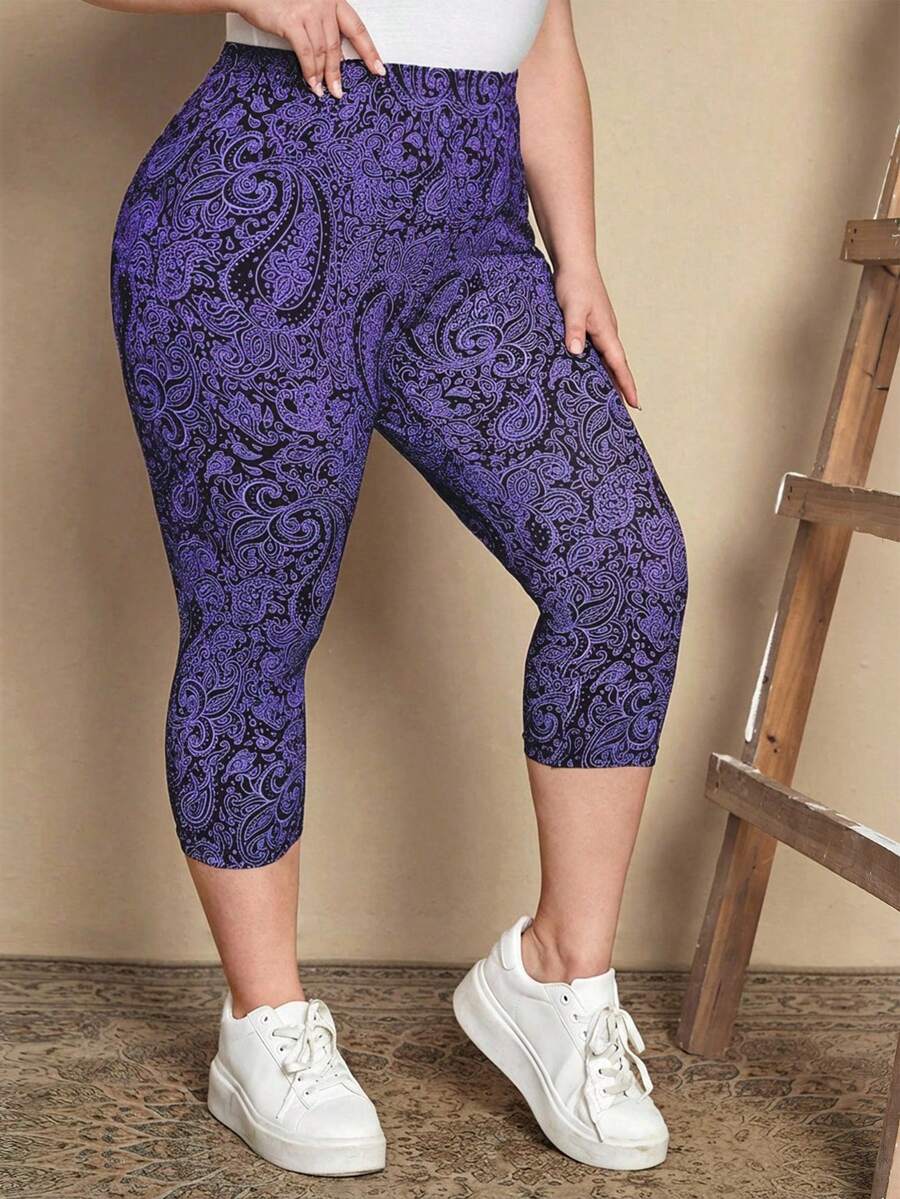 EMERY ROSE 大码女式休闲佩斯利印花七分紧身裤 - 紫色 - 查看 1