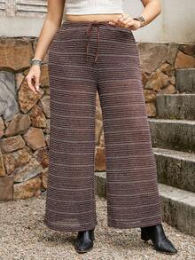 SHEIN LUNE Plus Size Brown Crochet Lace High Waist Straight Leg Pants, Beach Vacation Casual Trousers Boho Pants For Women Knit Pants Boho Knit Pants Fringe Bag Tassel Bag Tassel Pants Fringe Pants Women Wide Leg Pants Stripe Pants Music Festival Pants Lace Trousers Music Festival Attire, Country Music Festival Attire, Casual Vacation Attire Floral Three-Dimensional Texture Fabric Brown Pants - Brown - View 1