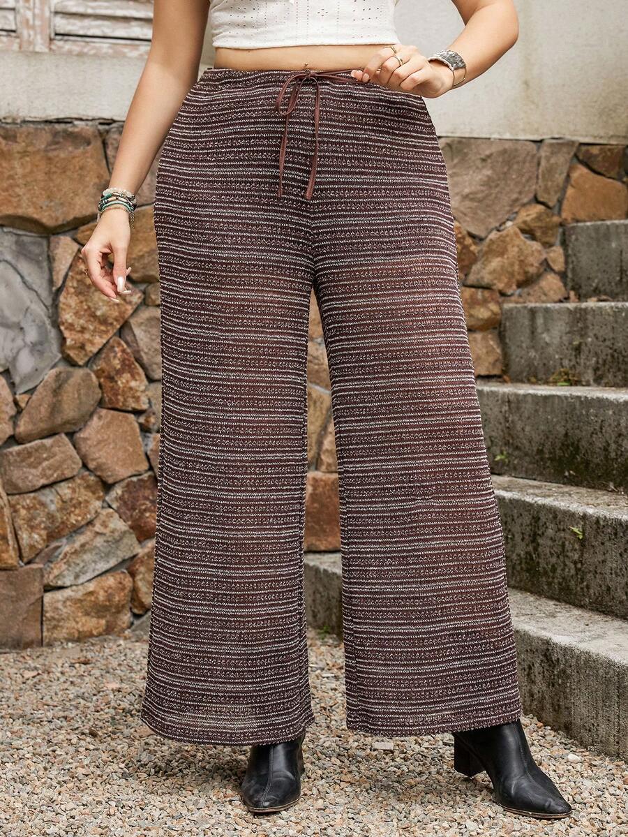 SHEIN LUNE Plus Size Brown Crochet Lace High Waist Straight Leg Pants, Beach Vacation Casual Trousers Boho Pants For Women Knit Pants Boho Knit Pants Fringe Bag Tassel Bag Tassel Pants Fringe Pants Women Wide Leg Pants Stripe Pants Music Festival Pants Lace Trousers Music Festival Attire, Country Music Festival Attire, Casual Vacation Attire Floral Three-Dimensional Texture Fabric Brown Pants - Brown - View 1