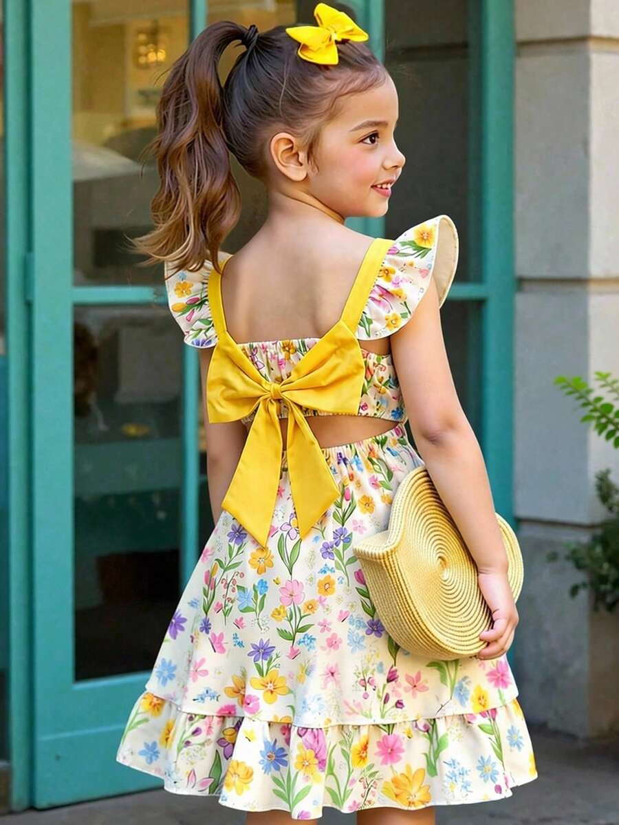 Elladie kids 女童休闲中长连衣裙,后背可爱蝴蝶结设计,黄色碎花连衣裙,女童碎花连衣裙,碎花荷叶边连衣裙,黄色蝴蝶结连衣裙,女童蝴蝶结连衣裙,印花连衣裙,荷叶边吊带连衣裙,夏季连衣裙,女童碎花连衣裙,女童夏季连衣裙,碎花连衣裙,黄色碎花连衣裙,女童可爱连衣裙 - 黃色 - 查看 1