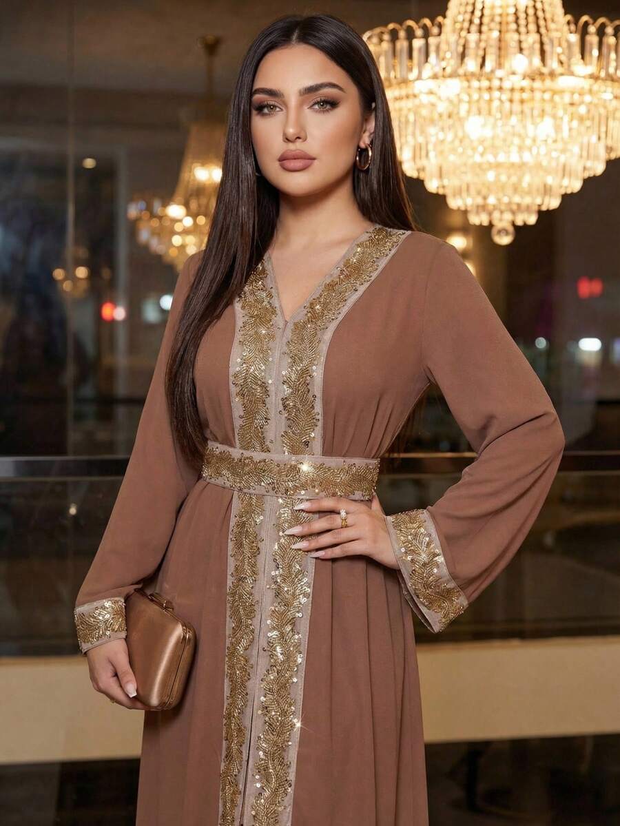 SHEIN Najma Women's Casual Elegant Loose Exaggerated Ruffle Waist Robe - Brown - View 1