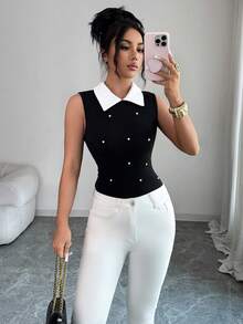 Rafferiza Women's Elegent Black And White Shirt Collar Patchwork Pearl Decor Fitted Camisole,Stylish Summer Work Sleeveless Knitted Fabric Tank Top - Black - View 3