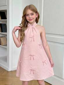 SHEIN Tween Girls Dusty Pink Summer Cute Elegant Party Dress,Halter Neck Bow Decor Backless A-Line Sleeveless Princess Style For Birthday,Wedding,Vacation - Pink - View 3