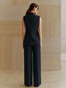 Anewsta 都市时尚复古休闲海军蓝无袖西装外套+高腰飘逸长款西装裤女士套装 - 藏蓝色 - 查看 6