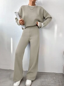 EURMUSE Women'S Round Neck Long Sleeve Sweater And Pants Set - Beige - View 2