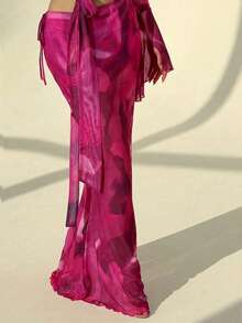 Aloruh 2pcs Women Tie-Dye Print Twist Front Long Sleeve Top And Skirt Set - Hot Pink - View 8