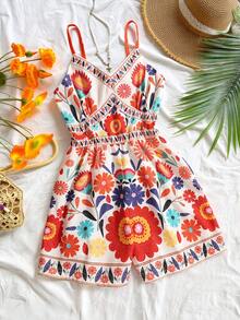 Sparklyn Bộ áo liền quần và quần short in hoa rực rỡ cho bé gái tuổi teen, cổ chữ V, không tay, thích hợp cho kỳ nghỉ hè. - Nhiều màu - Xem 1