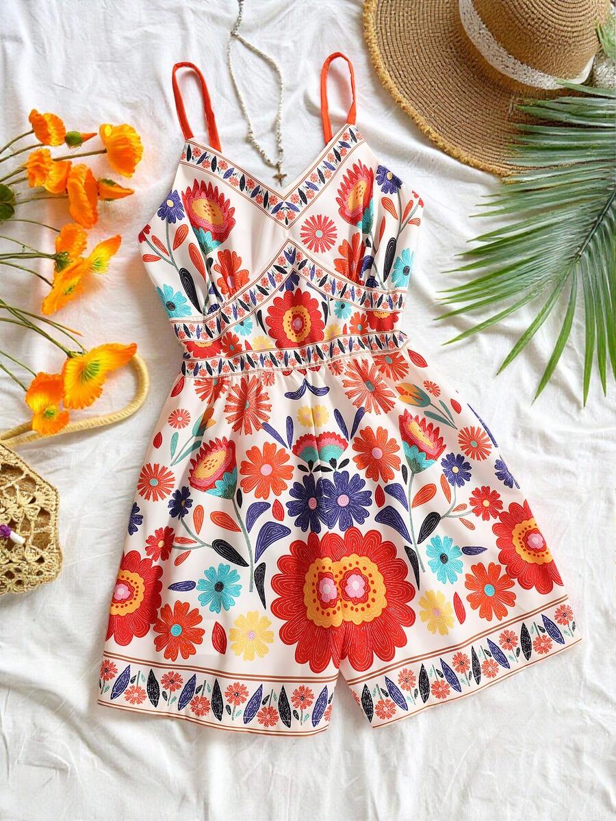 Sparklyn Bộ áo liền quần và quần short in hoa rực rỡ cho bé gái tuổi teen, cổ chữ V, không tay, thích hợp cho kỳ nghỉ hè. - Nhiều màu - Xem 1