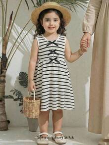 Cozy Pixies Young Girl Striped Pattern Bow Decor Round Neck Sleeveless Waist Cinched Dress Toddler Dress Kids Aline Dress Toddler Girl Cream And Black Dress Kids Casual Sleeveless Dresses Girl Striped Dress - Black - View 10