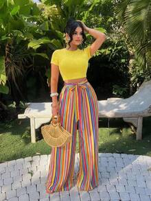 SHEIN SXY Plus Size Two-Piece Set: Yellow High-Elastic Knit Short-Sleeved Slim-Fit Cropped T-Shirt And Color-Blocked Striped Printed Faux Linen Fabric Drawstring Wide-Leg Pants.Spring/Summer Casual Vacation Bohemian Elegant Suitable For Everyday Wear, Music Festival, Concert, Carnival Party, Beach Vacation, Date Night, Birthday, Bachelorette Party, Club, Cute, Casual, Shopping, Streetwear, Going Out, Easy To Match & Looks Slim, Accent Your Body, Flatter The Figure Colorful Striped Pants Set Brunch 2 Piece - Multicolor - View 2