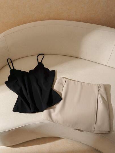 Elaquor Plus Size Women Summer Casual/Office Commute Simple Solid Color Shell Trim Camisole And Skirt Pants 2-Piece Set (Belt Not Included)