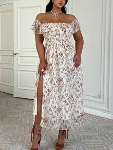 Lyrianda Plus Size Women's Beige Summer Off Shoulder Floral Print Midi Dress,Curve Elegant Wedding Guest Party Holiday Cottagecore Modest Wildflower Dress - Multicolor - View 8