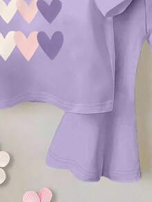 SHEIN 2pcs/Set Baju Anak Perempuan Ungu & Celana Lebar, Motif Hati, Gaya Putri yang Imut, Nyaman untuk Musim Semi, Musim Panas, Musim Gugur, Musim Dingin - MultiWarna - View 4