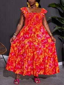 SHEIN CURVE+ Curve 尺码 US22 音乐节、海滨度假、波西米亚风休闲印花连衣裙，波西米亚风格 - 橘色 - 查看 4