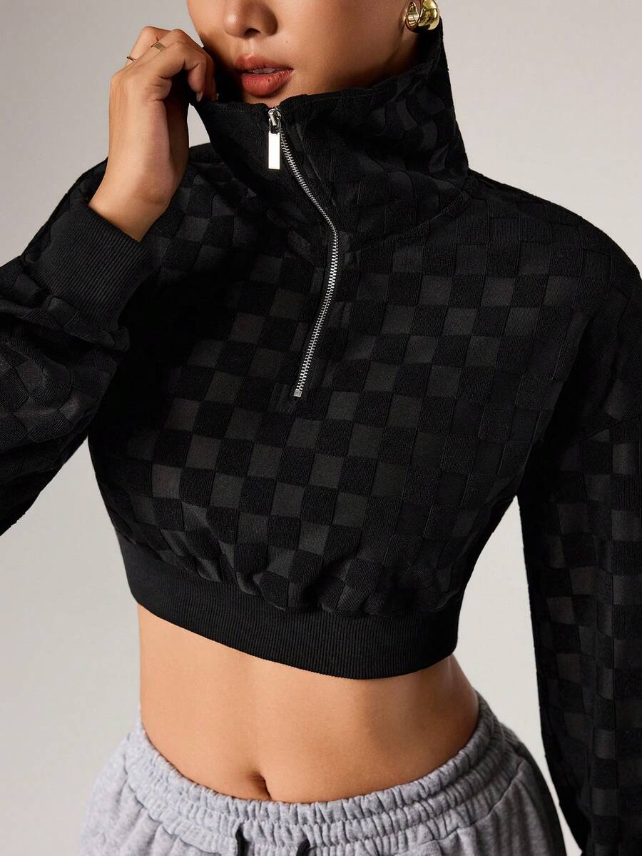 Dewbera Checkerboard Print Half-Zip Front Cropped Sporty Sweatshirt - Black - View 1