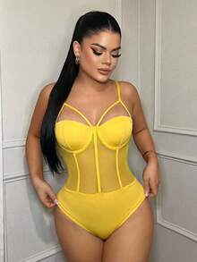SHEIN SXY 女士性感黑色网纱拼接胸衣吊带背心，带胸带装饰，春夏款 - 黃色 - 查看 3
