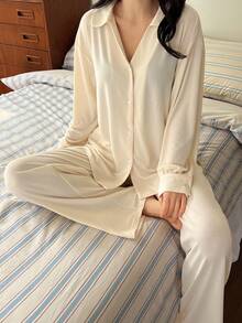 DAZY Minimalist Knit Lightweight Loose Women Pajama Set - Beige - View 1