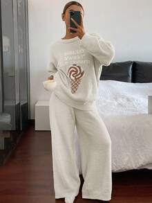 DAZY Conjunto de pijama folgado de malha de lã com estampa de sorvete, 2 peças, para mulheres. - Branco - Ver 5