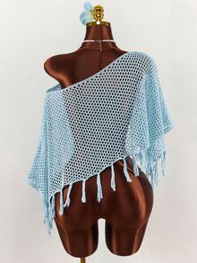 Amplova Women's Knitted Fringe Cover Up Top, Asymmetrical Hem Pullover, Sexy & Avant-Garde, Suitable For Holiday Wear, Shiny Blue Summer Clothes Women - Blue - View 12