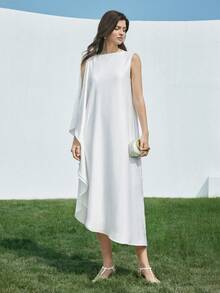 Ontre Vestido de mujer de marfil cómodo y suave de satén texturizado con cuello barco ajustado, sin mangas, diseño asimétrico, volante lateral, cierre con hebilla metálica, decoración elegante y moderna para invitada de boda, minimalista, romántico, francés, lujoso, urbano, elegante, casual de oficina, vintage discreto, de alta gama para viajes urbanos, esencial para aeropuerto y crucero en Oriente Medio, vestido versátil para todas las estaciones de la serie de bodas - Blanco - Ver 4