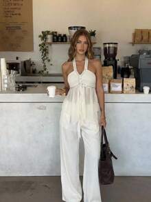 Firerie Áo kiểu nữ thanh lịch, sang trọng, không lưng, buộc dây phía trước bằng vải chiffon, cổ áo đính đá lấp lánh / Mùa hè / Trang phục mùa hè / Trang phục mùa xuân cho nữ / Trang phục đi biển cho nữ / Trang phục đi nghỉ mát cho nữ / Áo kiểu bóng / Áo kiểu trắng - Màu be - Xem 2