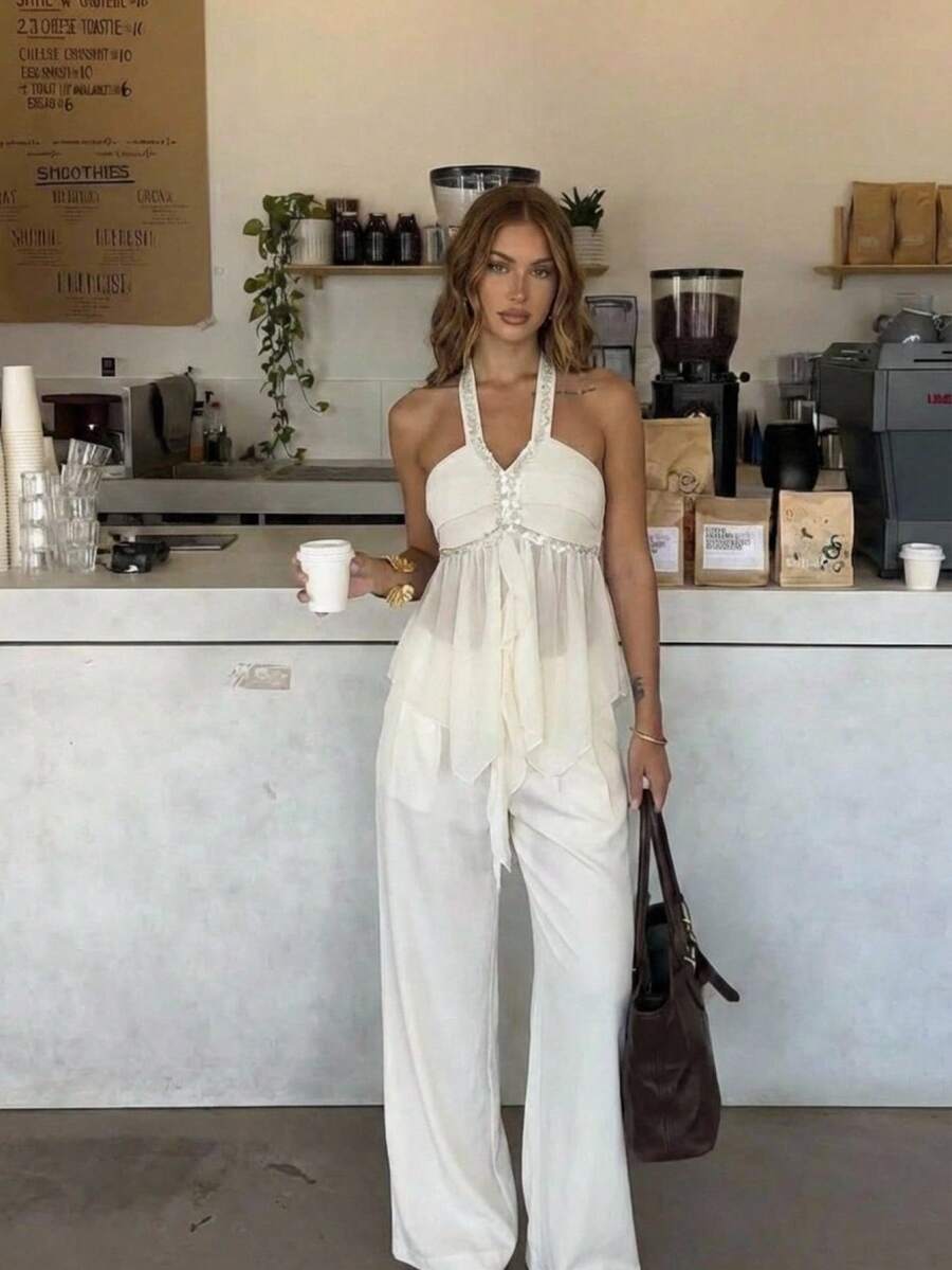 Firerie Áo kiểu nữ thanh lịch, sang trọng, không lưng, buộc dây phía trước bằng vải chiffon, cổ áo đính đá lấp lánh / Mùa hè / Trang phục mùa hè / Trang phục mùa xuân cho nữ / Trang phục đi biển cho nữ / Trang phục đi nghỉ mát cho nữ / Áo kiểu bóng / Áo kiểu trắng
