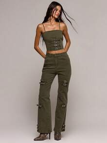 MUSERA Calça jeans flare ajustada com detalhe de fivela na cintura média, perfeita para primavera/verão, encontros românticos, baladas, festivais, férias e passeios. Soul Ties - Verde de Exercício - Ver 1
