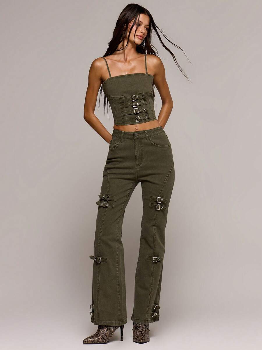 MUSERA Calça jeans flare ajustada com detalhe de fivela na cintura média, perfeita para primavera/verão, encontros românticos, baladas, festivais, férias e passeios. Soul Ties - Verde de Exercício - Ver 1