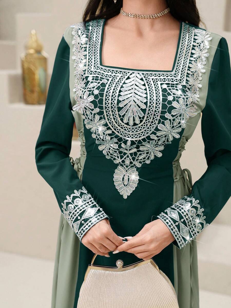 SHEIN Najma Đầm kiểu Ả Rập thanh lịch dành cho nữ, cổ vuông, thắt eo, đính sequin, thích hợp cho mùa xuân và mùa thu. - Màu xanh lá cây đậm - Xem 1