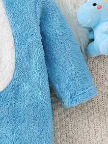 新生儿可爱卡通刺绣3D护耳拉链抓绒连体衣，秋冬季 - 藍色 - 查看 5