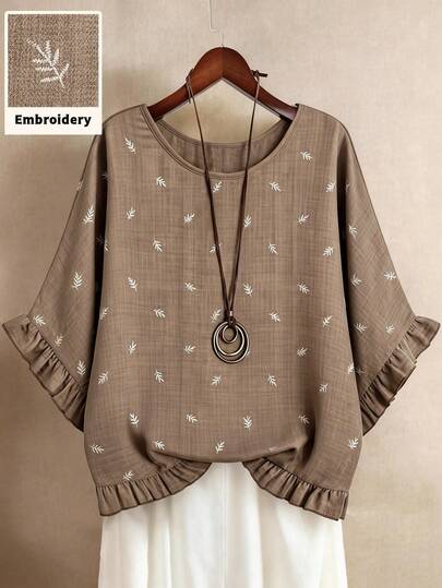 Linhara Camisa casual de talla grande con bordado de hojas y ribete de volantes para vacaciones