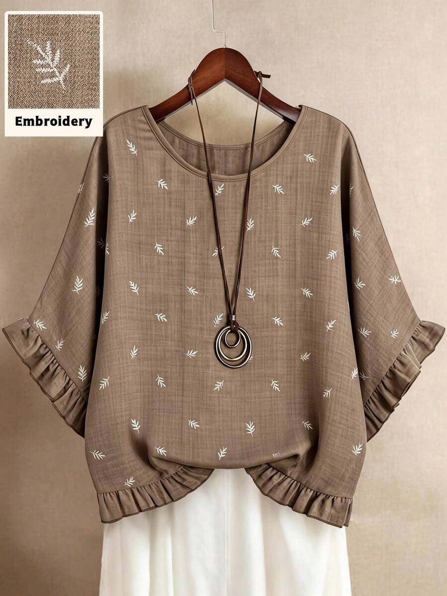 SHEIN LUNE CURVE 大码休闲假日树叶刺绣荷叶边衬衫 - 杏色 - 查看 1