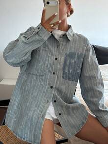 DAZY 女士做旧牛仔衬衫，带纹理领 - 藍色 - 查看 6