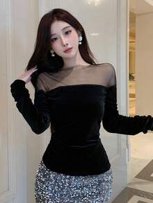 Dazy Tall 女士圆领丝绒网纱拼接修身优雅套头衫 - 黑色 - 查看 7
