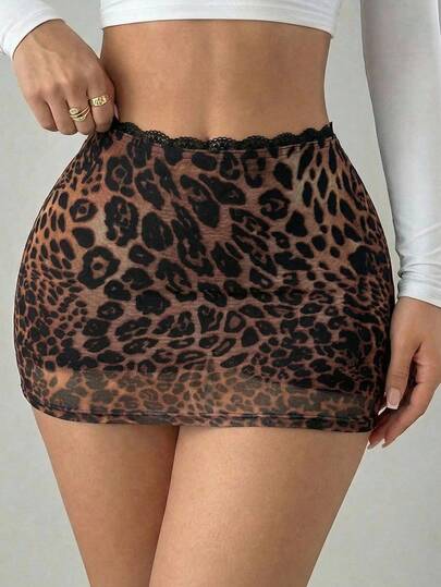 SHEIN SXY Leopard Print Lace Patchwork Low Waist Mesh Skirt,Carnival,Party,Rave Outfit ,Summer, Spring,Valentine's Day,Beach,Going Out,Vacation,Y2K,Leopard Print ,Cheetah Print,Mesh ,Sheer