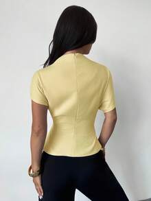 Firerie Wrinkled Collar Asymmetrical Sleeve Side Ruched Cinched Waist Commuter Apricot Bamboo Fiber Linen Blouse For Women, All Season - Light Yellow - View 3