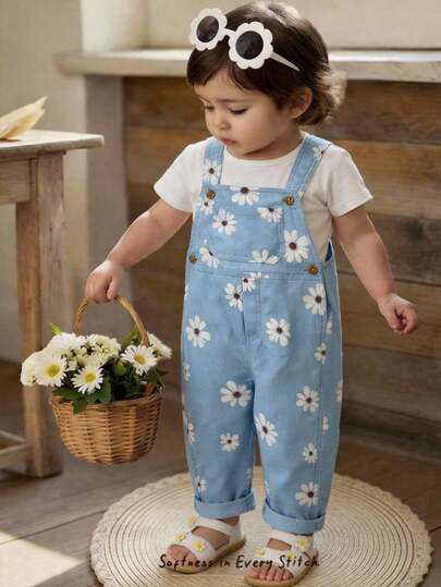 Cozy Pixies Mono con tirantes azules y estampado de margaritas blancas para bebé o niña pequeña, mono con estampado floral, versátil, cómodo, bonito, informal, ideal para múltiples ocasiones.