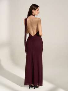 SHEIN Tall Sleeveless Slim Fit Elegant Solid Halter Neck Bodycon Dress - Red - View 2