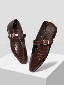 MOTF PREMIUM WOMEN HOLLOW-OUT SQUARE TOE FLAT SHOES - Brown crocodile pattern - View 10