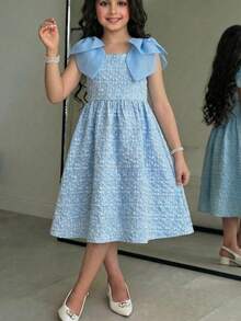 SHEIN Đầm công chúa dáng xòe, không tay, ôm sát, họa tiết hoa, chất liệu jacquard, dành cho bé gái tuổi teen, kiểu dáng thanh lịch, chất liệu dệt jacquard, có nơ 3D, màu xanh dương. - Màu xanh lam - Xem 5