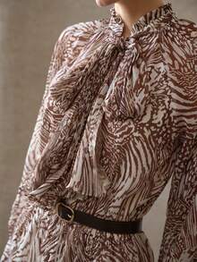 MOTF PREMIUM ALLOVER PRINT TIE NECK LANTERN SLEEVE BELTED FLOWY DRESS - Multicolor - View 3